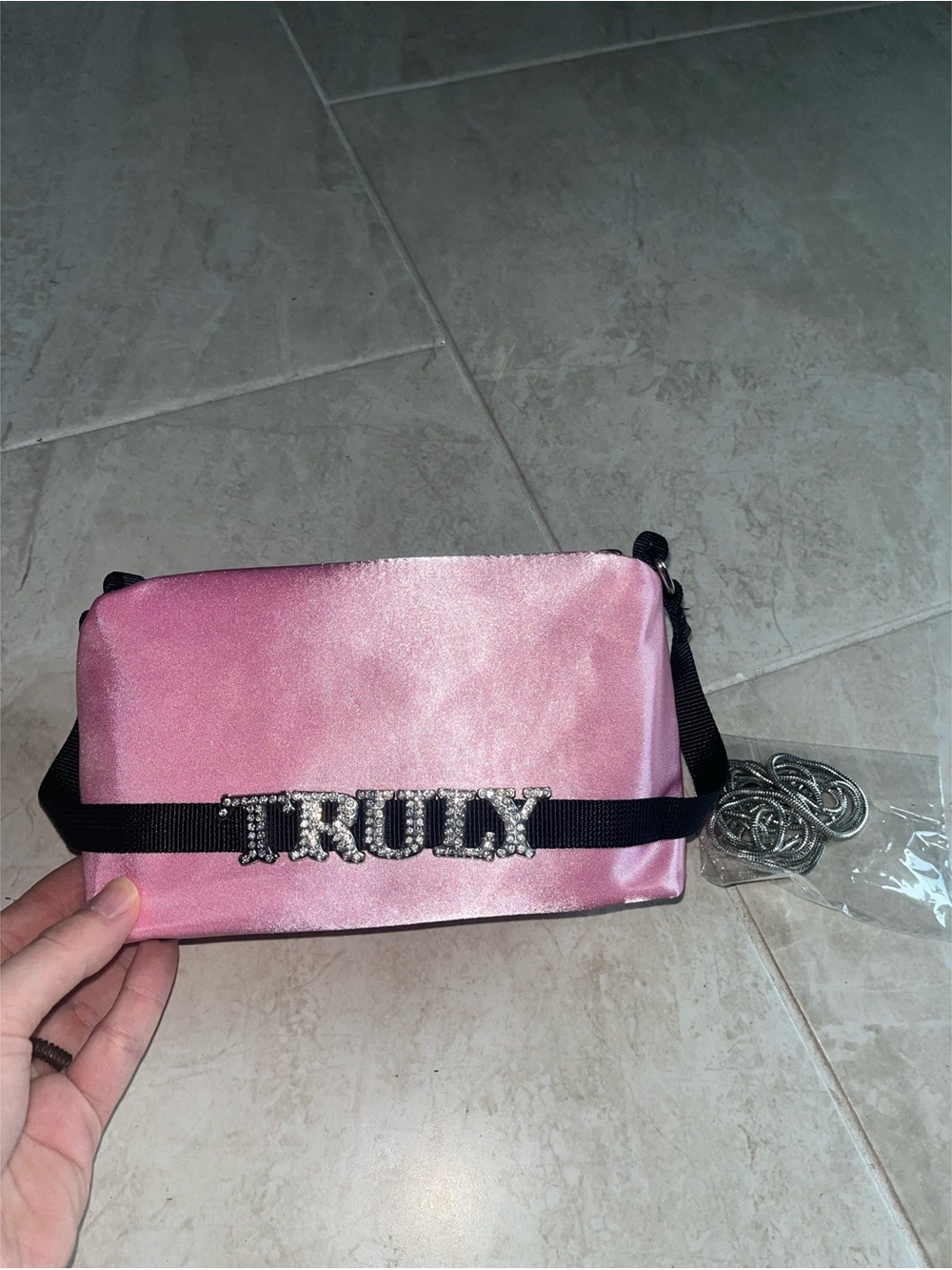 TRULY Pink Satin Crossbody with Rhinestone Logo Strap